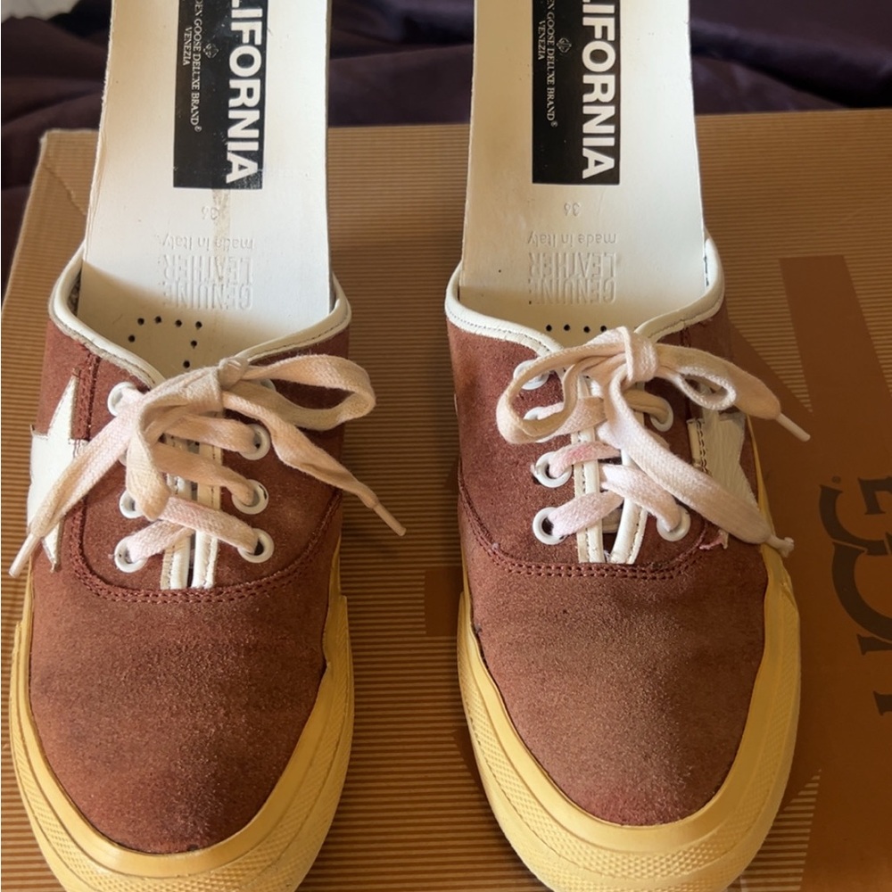 Brown and Yellow Lace-Up Sneakers